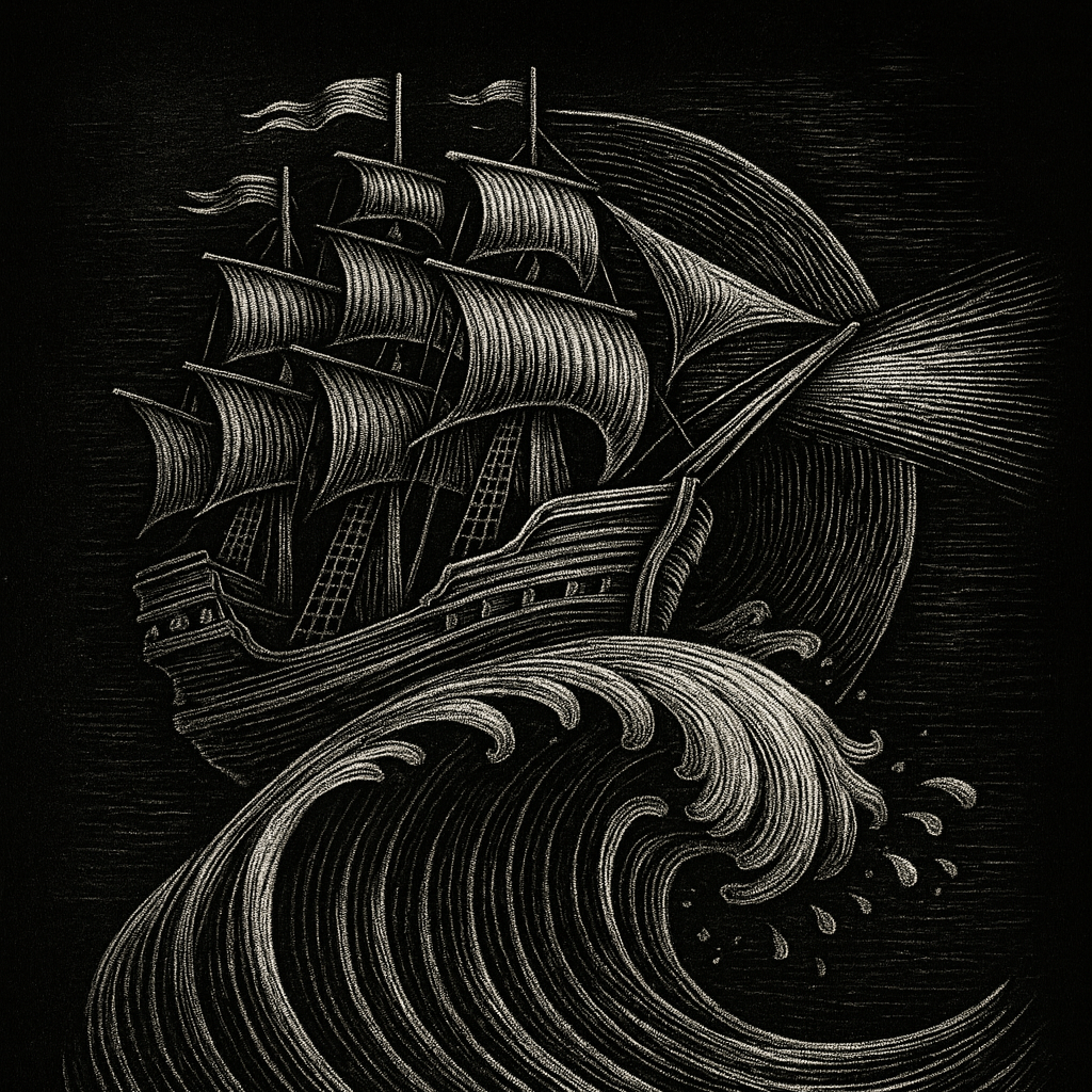 An intricately designed illustration of a ship with multiple sails navigating powerful waves, set against a dark background.